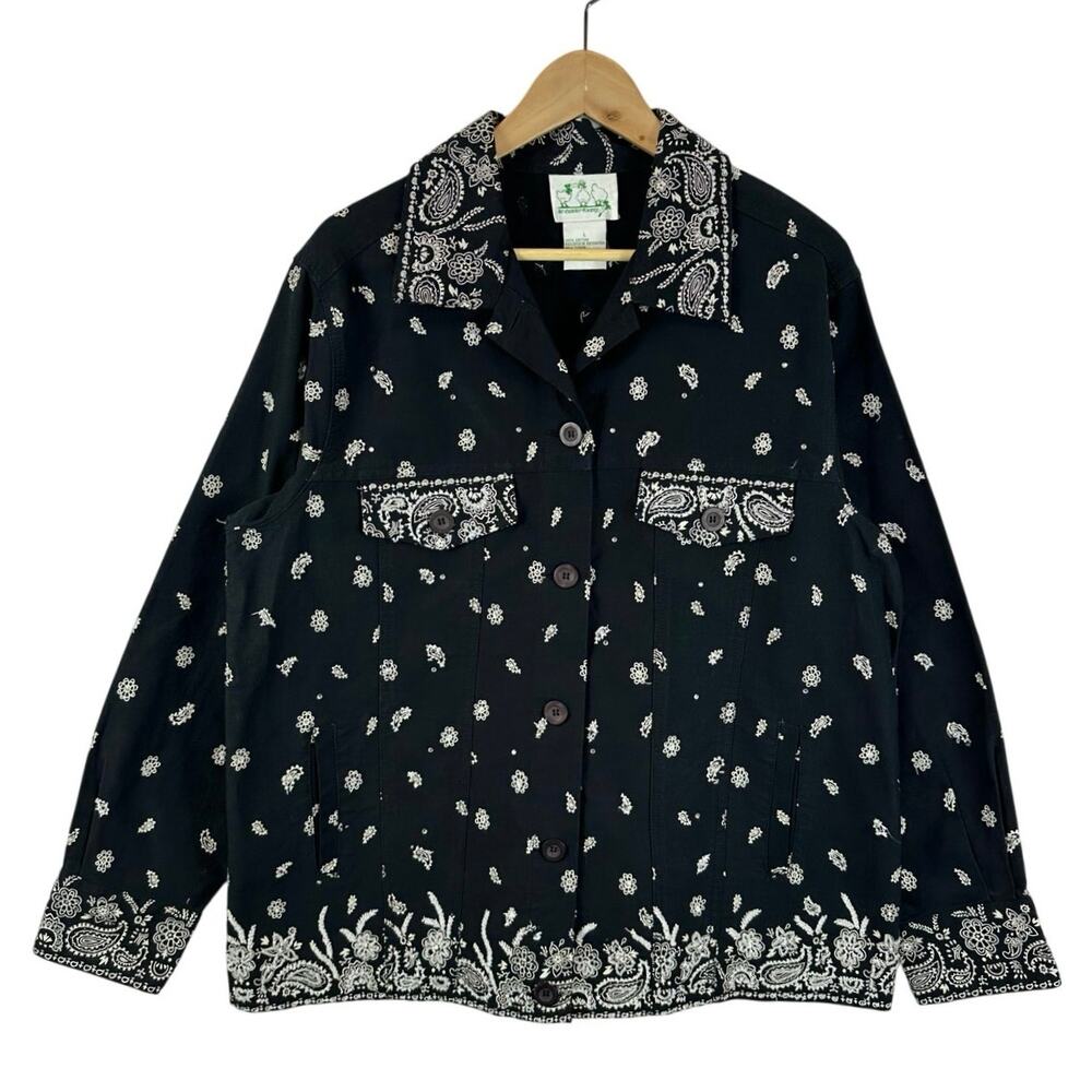 Vintage Denim Shirt Paisley Print Beaded Western Large Womens Quacker Factory